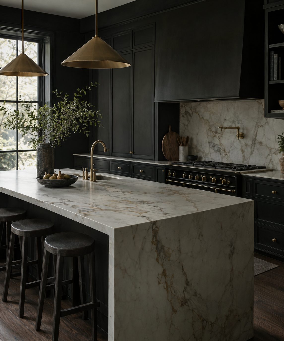 Honed marble in a dark kitchen